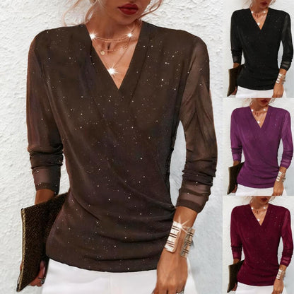 🖤 Black Friday 50% Rabatt für eine begrenzte Zeit 🔥Sparkle Crossover Damen V-Ausschnitt Langarm Top
